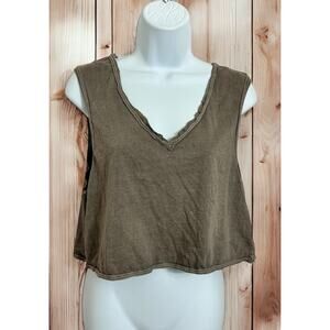 Urban Outfitters Brown Distressed V-Neck Crop Tank Top Sz M Raw Trim Tee Cotton